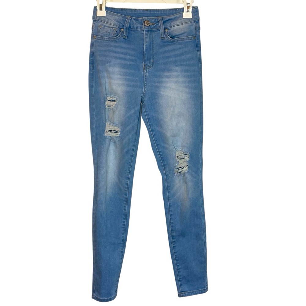 YMI Jeans Solid Light Blue Distressed High Rise Super Stretchy Jegging Jeans